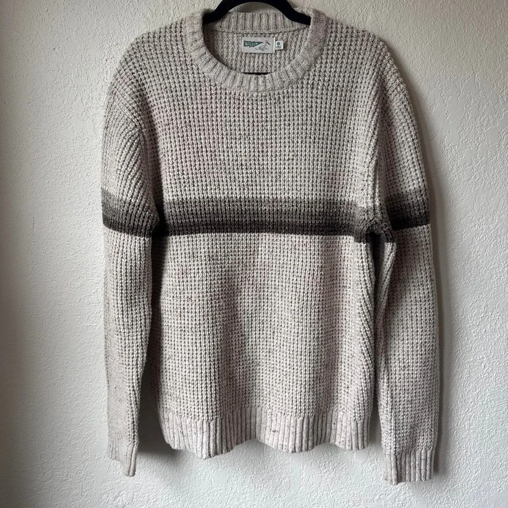 Wellen Mens Recycled Cotton Waffle Knit Striped Crewneck Sweater Cream Grey L